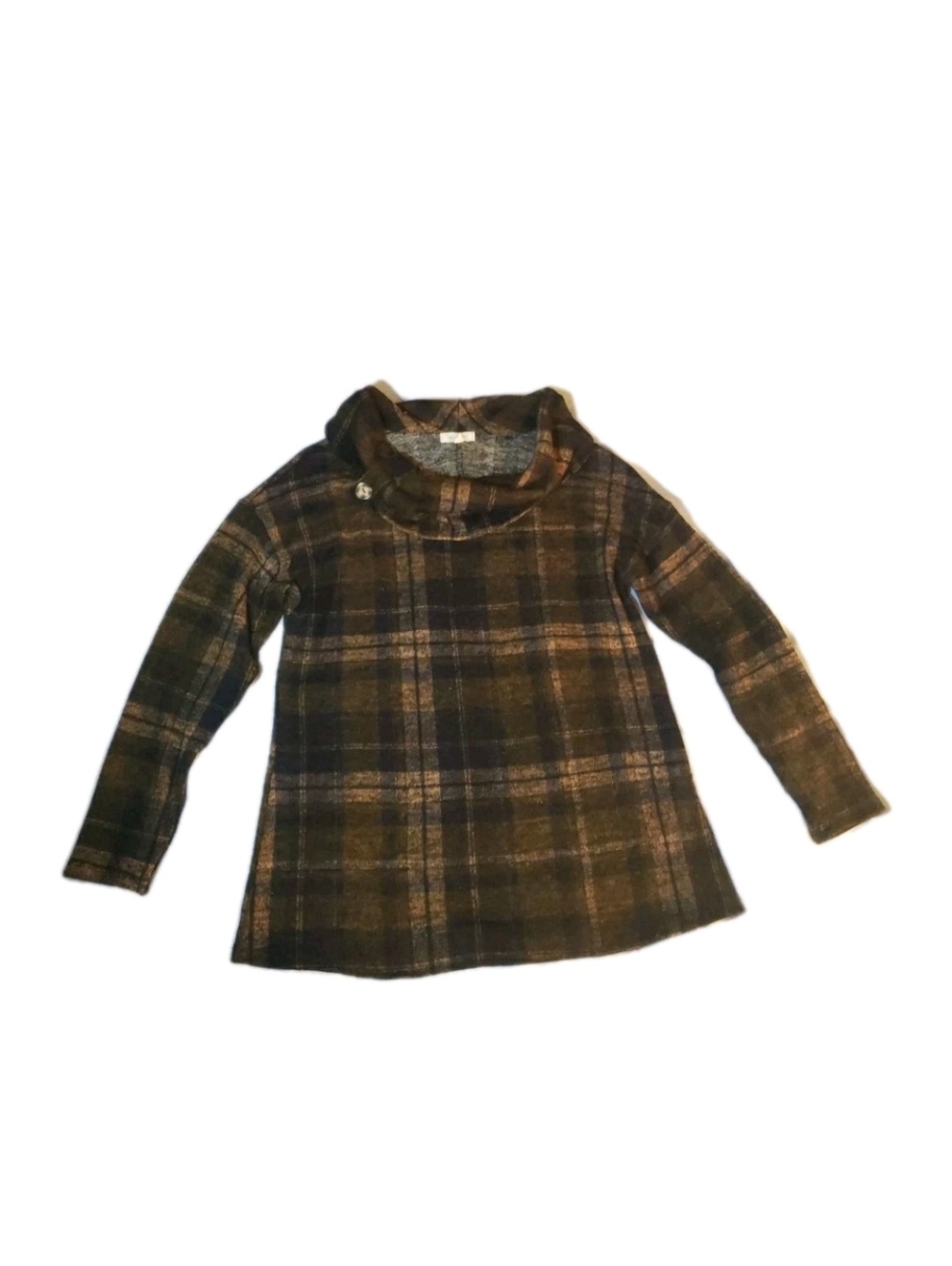 Brown Plaid Long Sleeve Shirt Cowl Neck Button Collar Small Ava James